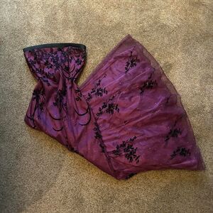 Nightway 90s Whimsigoth Purple & Black Mesh Sparkly Strapless Corset Prom Dress